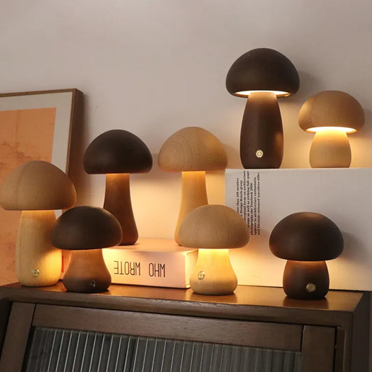 LED Night Light With Touch Switch Wooden Mushroom Bedside Table Night Lamps